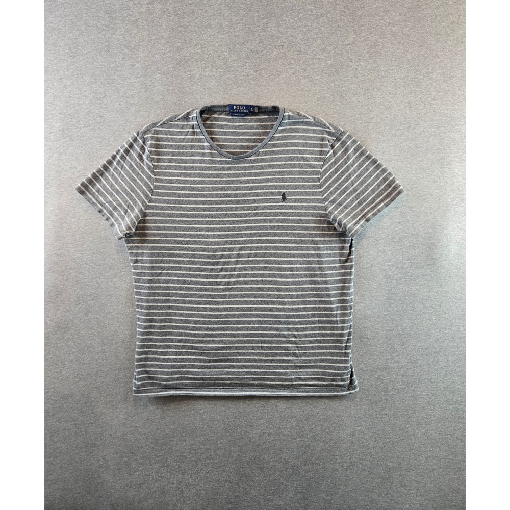 Polo Ralph Lauren T-Shirt Mens XL Grey White Striped Custom Slim Fit Logo Preppy